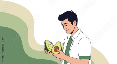 Man Examining Freshly Cut Avocado Fruit With Joyful Expression and Appreciation for Good Food