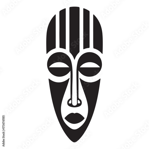 Minimalist black and white graphic representation of an african tribal mask design