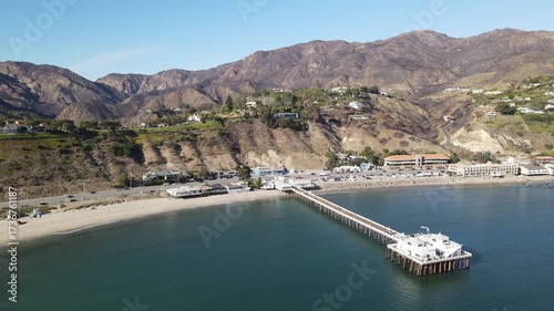 Aerial drone view of County Line Beach near Malibu, Los Angeles California, show hight ocean waves and the beautiful Pacific Coastline