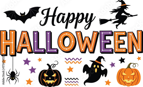 Celebrate happy halloween with spooky pumpkins bats and a witch flying on a broom