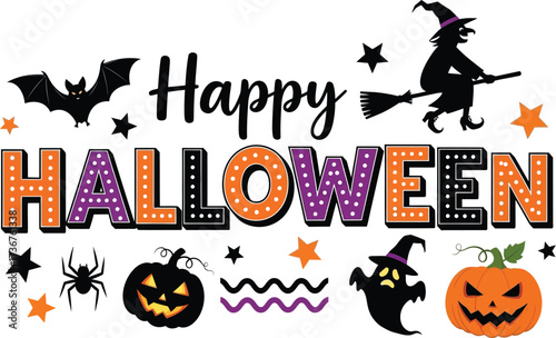 Spooky happy halloween vector design with witch pumpkins bat and stars for celebration