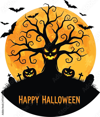 Spooky halloween night scene with haunted tree pumpkins bats and full moon