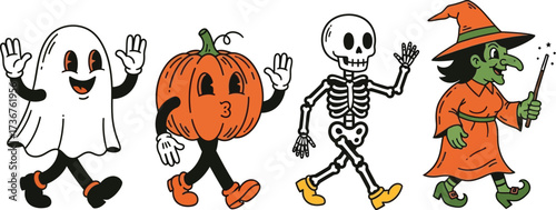 Spooky halloween characters parade with a ghost pumpkin skeleton and witch in vintage style