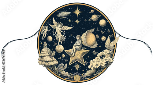 Whimsical illustration of a celestial scene featuring fairies, stars, and planets within a circular frame.