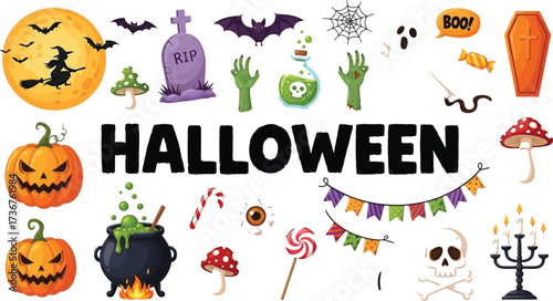 Spooky halloween elements featuring pumpkins witch ghost skull and other scary icons