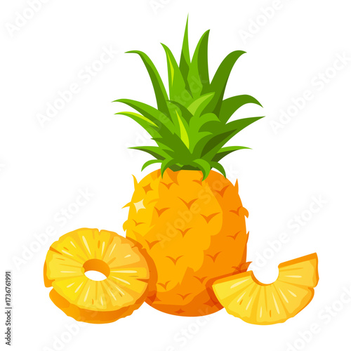 Vector cartoon illustration of a whole pineapple fruit and pineapple slices isolated on a white background. Tropical fruit design.