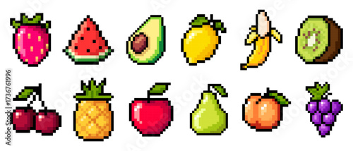 Pixel art fruit icons. Pixelated illustration of apple, lemon, watermelon, cherry, avocado, banana, pineapple, strawberry, kiwi, grapes, peach, pear. Retro 8 bit pixel art for game