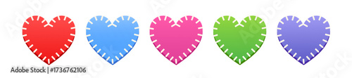 Vector illustration of hearts different gradient colors red, blue, purple, green and pink isolated on white background. Each heart has a stitched border effect. 