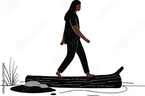 Woman walking barefoot on log over water with natural plants and stones outdoor vector illustration