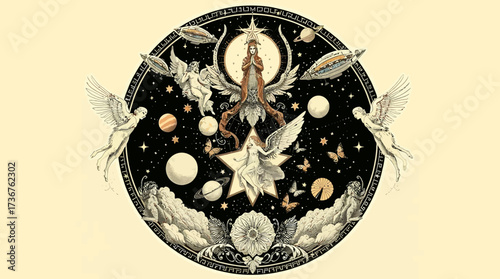 Circular illustration featuring angels, stars, planets, airships, and celestial elements in a detailed, vintage-style composition.