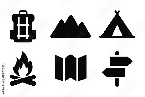 Camping adventure icons set backpack tent mountains campfire map signpost silhouette outdoor