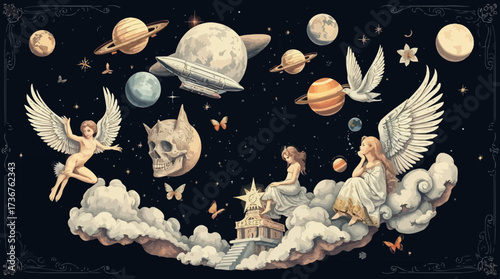 Whimsical celestial scene featuring angels, planets, clouds, and a skull in space.