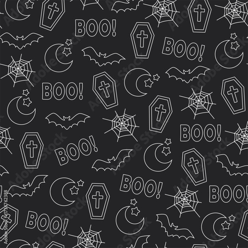 Halloween seamless vector pattern with white line symbols including coffins, crescent moons with stars, bats, spiderwebs, and the word "BOO!" isolated on black background. 