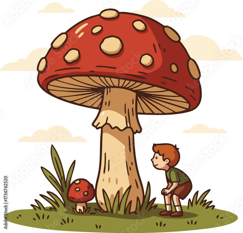 Boy looking at giant red mushroom with white spots in nature vector illustration