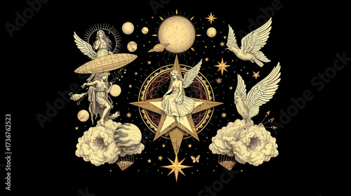 Detailed illustration featuring angels, stars, planets, and doves against a dark background, creating a celestial and ethereal scene.