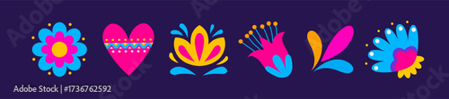 Vector cartoon collection of colorful floral and heart decorative elements isolated on a dark purple background. Love themes, wedding decor, greeting cards, wrapping paper, textile prints etc.