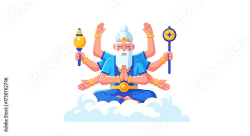 A stylized illustration depicts a multi-armed deity seated in meditation, surrounded by clouds.