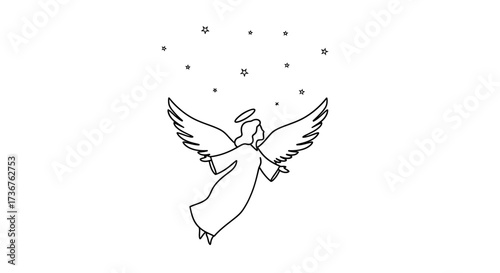 Line art depiction of an angel with wings outstretched, flying upwards towards a cluster of stars.