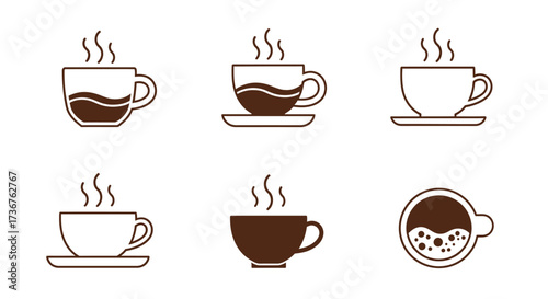 Wallpaper Mural Six coffee cup icons with steam rising, showing different perspectives and fill levels, isolated on a white background. Torontodigital.ca