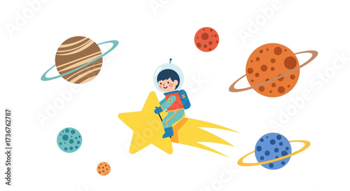 A cheerful astronaut child riding a shooting star, surrounded by planets in space.