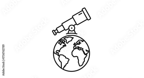 A telescope, positioned above a globe, symbolizing observation and global awareness.