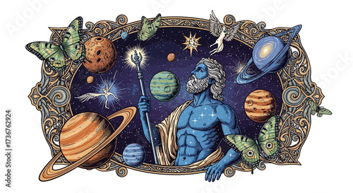 A mythological figure, adorned with stars, holds a staff amidst planets and butterflies.