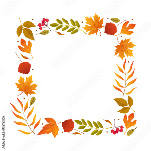 Vector illustration of a floral wreath from fallen autumn leaves, seasonal flowers and berries in square shape isolated on white background. Elegant decorative frame for fall design, seasonal card etc