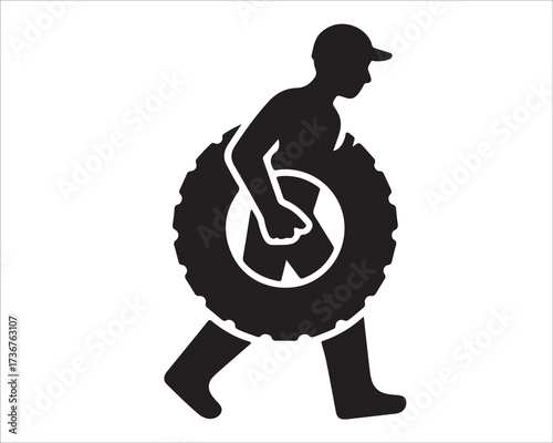 Silhouette of worker carrying tire isolated on white