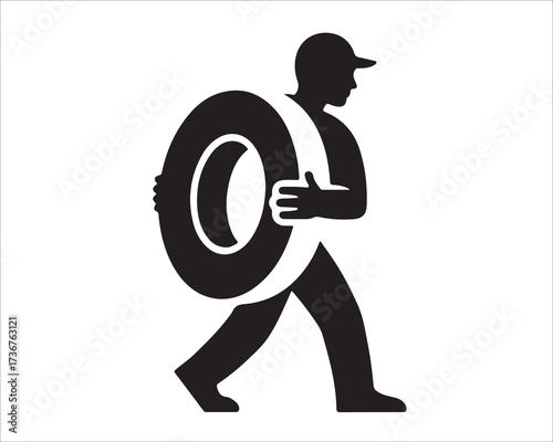 Silhouette of worker carrying tire in hands, isolated on white background, automotive service concept symbolizing repair, maintenance, mechanic labor, garage work, transportation, and industrial illus