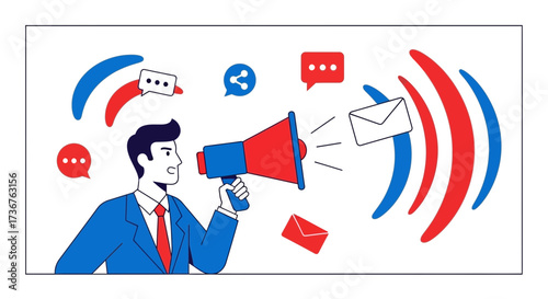 Marketing concept using megaphone and social media icons, digital campaign communication strategy, business illustration