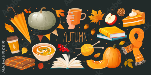 Vector cartoon symbols collection of autumn elements in warm color palette. Set includes umbrella, pumpkin, tea cup, fallen leaves, apple, pine cone, pumpkin dishes, books, decorative garland, etc