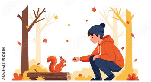 Man feeding a squirrel in a forest during autumn with falling leaves and trees