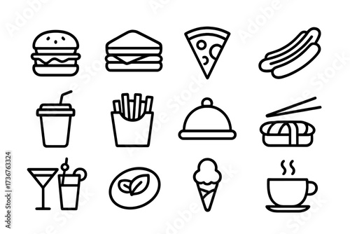 Variety of food and drink icons displayed in a simple, modern style with a focus on casual dining options