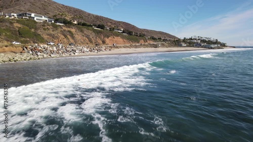 Aerial view of surfer at county line beach Malibu Los Angeles California