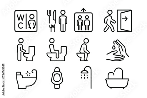 Symbols representing restroom facilities, dining areas, elevators, and sanitation activities in a public space