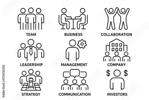 Teamwork and collaboration concepts in business illustrated through simple icons depicting leadership and strategy