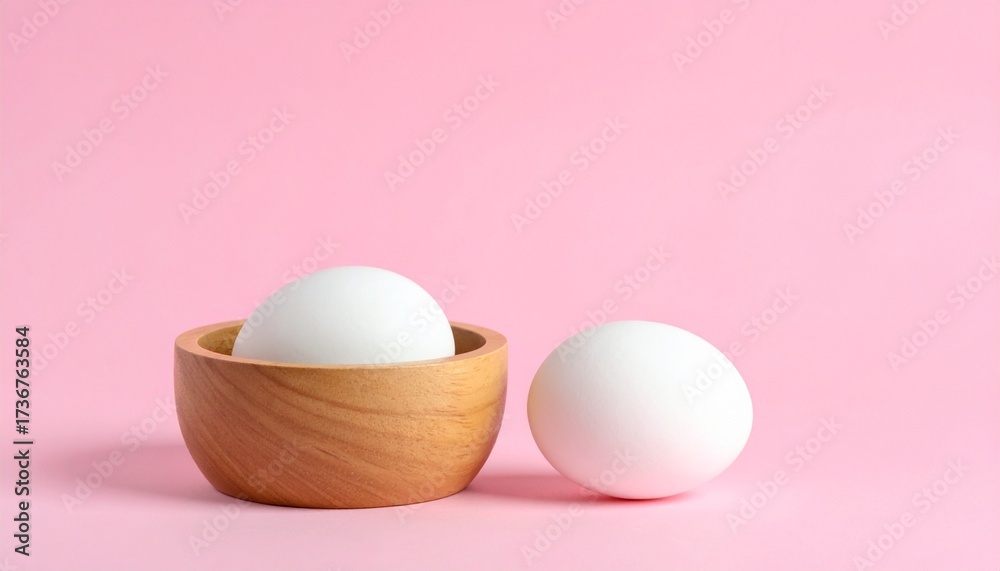 Fototapeta premium white eggs resting in and beside a small round wooden bowl on soft pink background