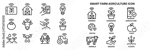 Icons representing smart farming and agriculture themes with various elements like plants, animals, and technology used for efficiency