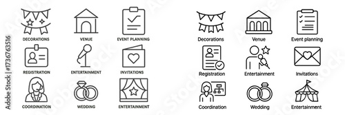 Icons representing various aspects of event planning and decorations for weddings and other celebrations