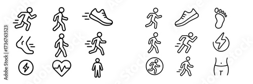 Running icons set depicting various activities related to fitness and health, ideal for sports and wellness projects