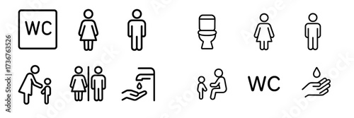 Clear symbols indicating restroom facilities and hygiene practices in a public space in a modern setting