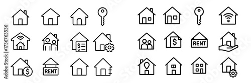 House rental icons showing keys, houses, and rental signs for real estate services