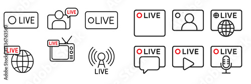 Symbols representing live streaming and broadcasting activities in various formats, showcasing the digital communication landscape