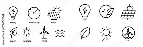 Creative energy icons representing various renewable energy sources and their efficiency measures used in modern technology solutions
