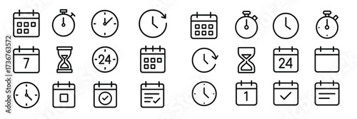 Various clock and calendar icons representing time management and scheduling in a modern design format