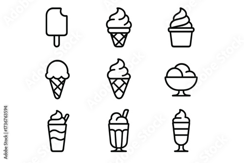 Collection of simple ice cream illustrations featuring various styles and servings in a minimalist design