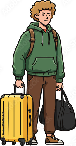 Young man traveler with yellow suitcase and black duffel bag wearing green hoodie and brown pants vector illustration