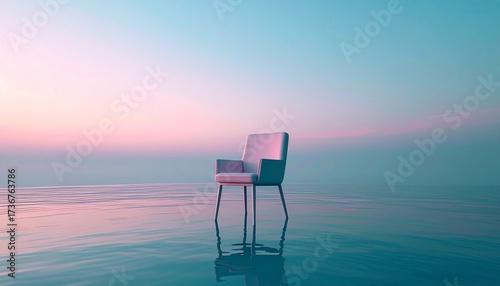 A solitary chair rests on the tranquil surface of the ocean against a pastel sunset sky.