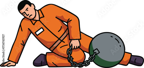 Prisoner in orange jumpsuit with ball and chain sitting on ground vector illustration