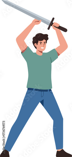 Young man holding sword raised above head in action pose vector illustration for dynamic character design and fantasy theme